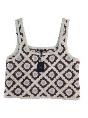 NEW Maje Crochet Knit Square Neck Sleeveless Top Brown & Blue Geometric Size 3